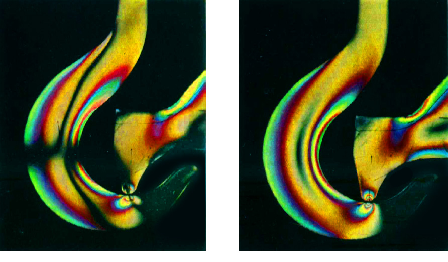 Loaded hook in linearly polarized white light (left) and in circulary polarized white light (right)